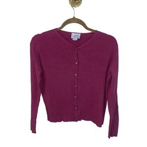 Ann Taylor Loft silk cardigan. Merlot color , round neck , buttons , ribbed . Sm